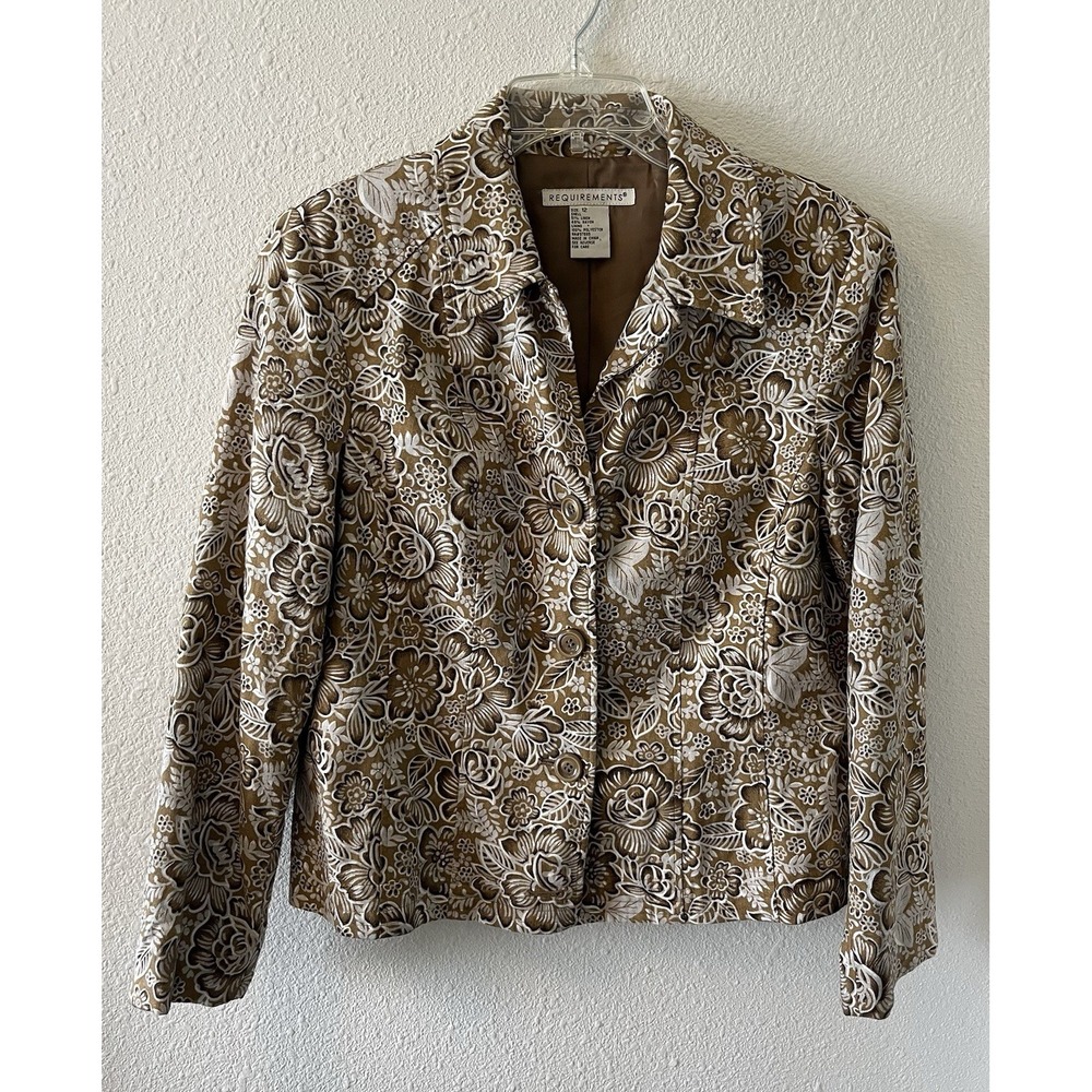 Women's Requirements Jacket Blazer Size 12 Floral Tan Linen Blend Button Front